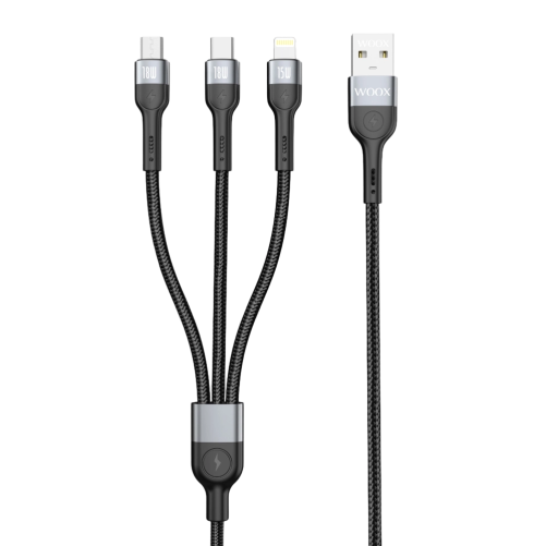 Cable de datos 3 en 1 MX0026 USB a Micro+Tipo-C+ Lightning 18W 1m-negro