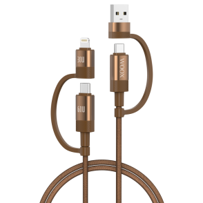 Cable de datos 4 en 1 MX0220 USB+Tipo-C a Tipo-C de 60 W + Lightning de 30 W, 1 m, marrón