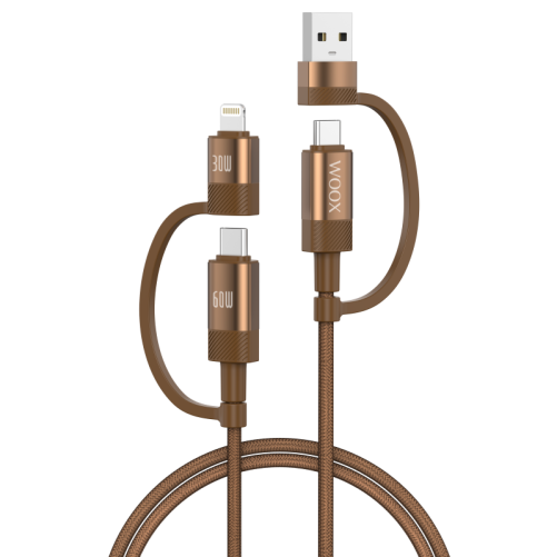 Cable de datos 4 en 1 MX0220 USB+Tipo-C a Tipo-C de 60 W + Lightning de 30 W, 1 m, marrón
